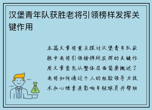 汉堡青年队获胜老将引领榜样发挥关键作用