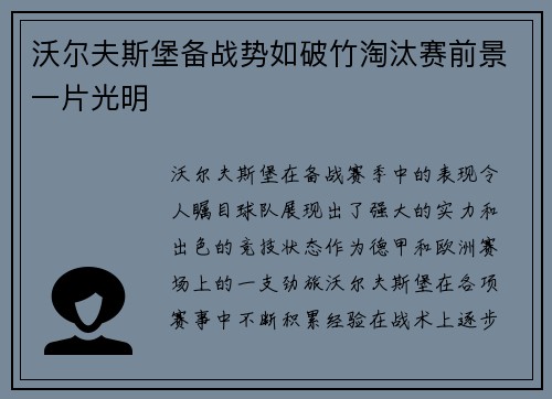 沃尔夫斯堡备战势如破竹淘汰赛前景一片光明