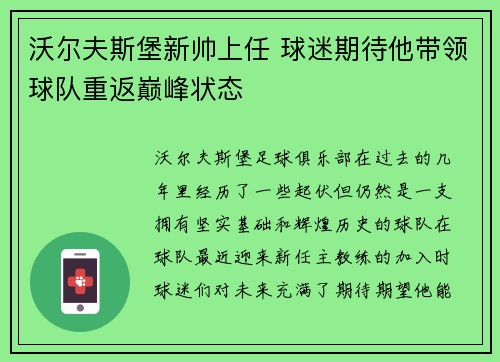 沃尔夫斯堡新帅上任 球迷期待他带领球队重返巅峰状态