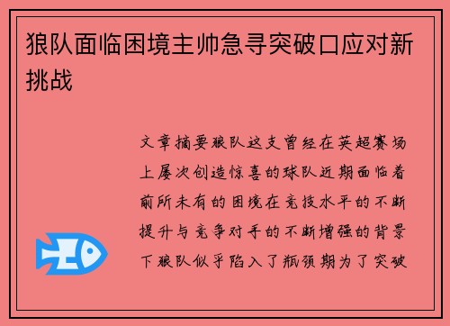 狼队面临困境主帅急寻突破口应对新挑战