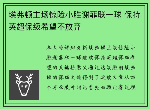 埃弗顿主场惊险小胜谢菲联一球 保持英超保级希望不放弃