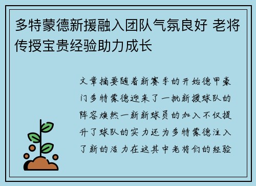 多特蒙德新援融入团队气氛良好 老将传授宝贵经验助力成长