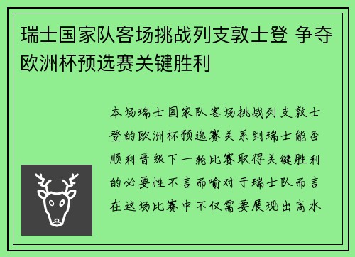 瑞士国家队客场挑战列支敦士登 争夺欧洲杯预选赛关键胜利